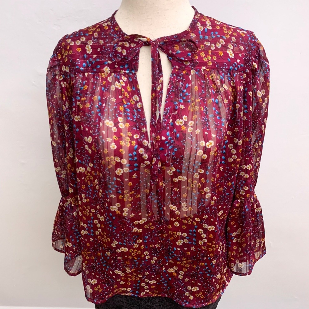 Sabina Musayev Burgundy Floral Sheer Tie-Neck Blouse